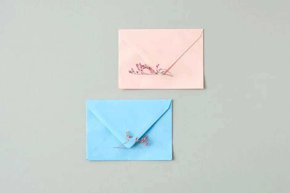 Colorful envelopes decorated with pressed flowers, illustrative photo