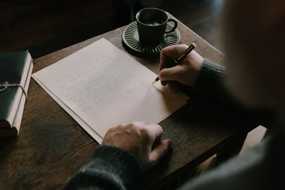 A person's hand writing a letter with a pen, illustrative photo